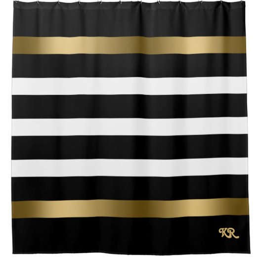 Rideaux De Douche Bandes blanches et noires Accents or motif (Devant)