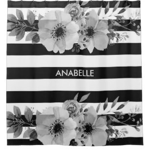 Rideaux De Douche Bandes florales noires et blanches