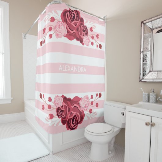 Rideaux De Douche Bandes florales roses (En situation)