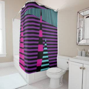 Rideaux De Douche Bandes sur bandes - rose, pourpre, bleu et noir