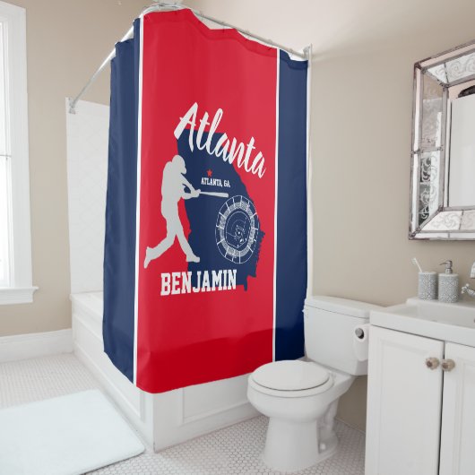 Rideaux De Douche Baseball Rouge et Marine d'Atlanta Géorgie (En situation)