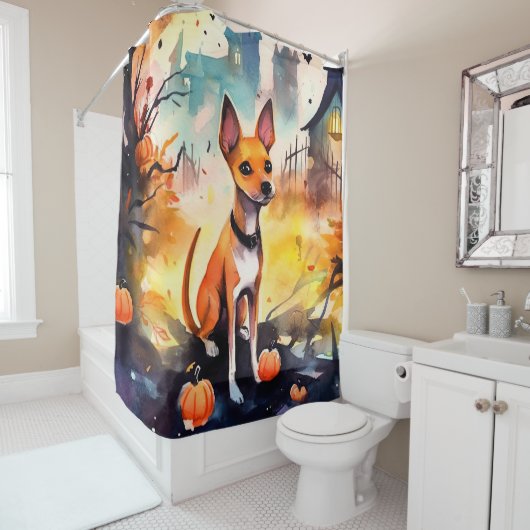Rideaux De Douche Basenji D'Halloween Avec Peur Citrouille (En situation)