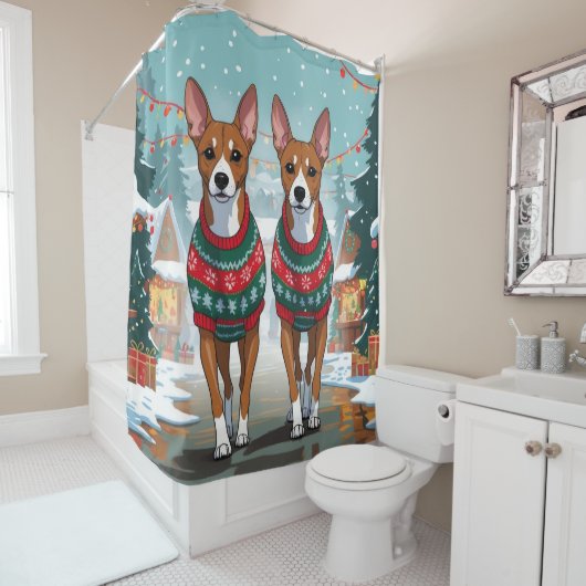 Rideaux De Douche Basenji Dogs Christmas Snow Holiday (En situation)