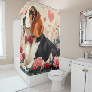 Rideaux De Douche Basset Hound avec des Roses - Saint-Valentin