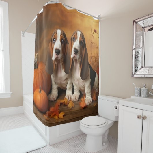 Rideaux De Douche Basset Hound Chiot Automne Citrouille de plaisir (En situation)