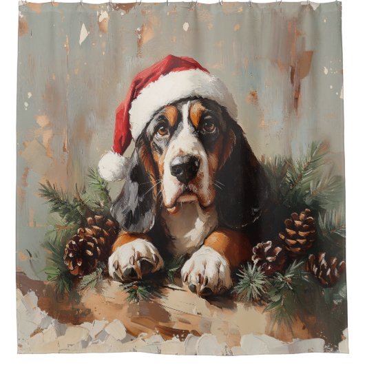 Rideaux De Douche Basset Hound dans une peinture à l'huile de chapea (Devant)