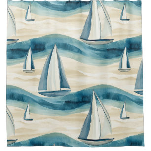 Rideaux De Douche Bateau à voile bleu moderne motif vague océanique