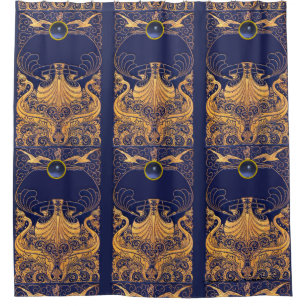 Rideaux De Douche Bateau antique, Dauphins, Or, Bleu marine Nautique