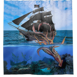 Rideaux De Douche Bateau de pirate contre le calmar géant
