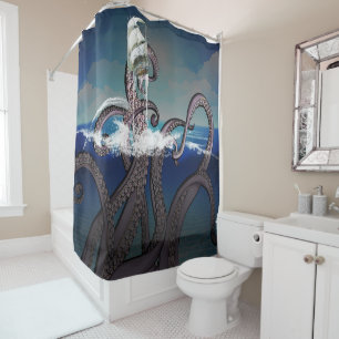 Rideaux De Douche Bateau pirate attaqué par le géant Kraken
