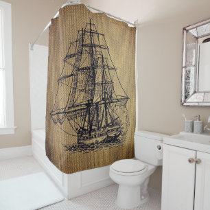 Rideaux De Douche Bateau Vintage Beau sur une toile de jute fausse r