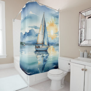 Rideaux De Douche Bateau Watercolor Sur Le Lac Au Coucher Du Soleil