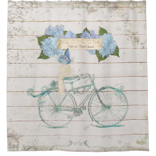 Rideaux De Douche Beach Guest House Shiplap Wood Hydrangea Bicyclett (Devant)