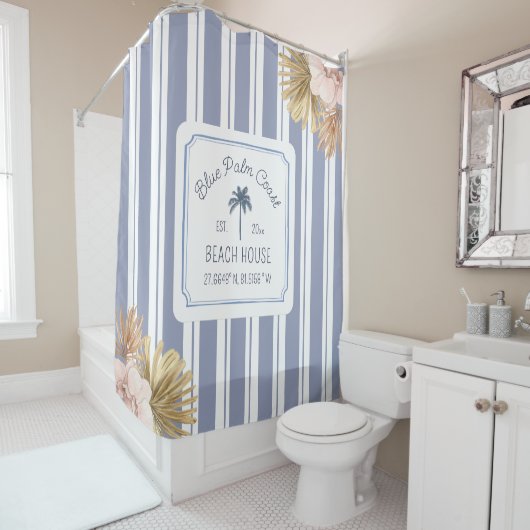 Rideaux De Douche Beach House Blue Stripes Côte Boho Ferme (En situation)