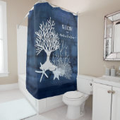 Rideaux De Douche Beach Navy White Welcome Aquarelle Corail Starfish (En situation)