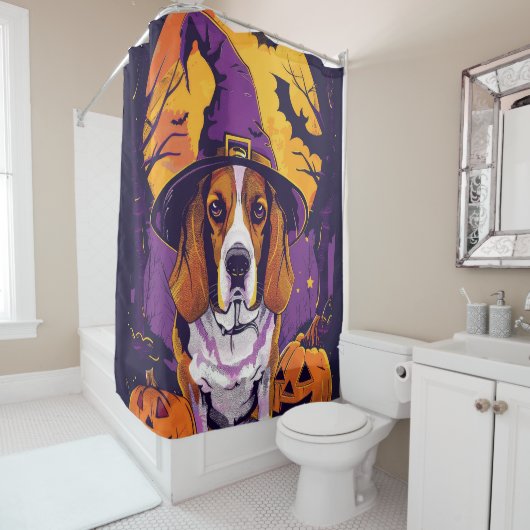 Rideaux De Douche Beagle éffrayant Halloween Witch Et Citrouille (En situation)