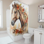 Rideaux De Douche Beau Cheval aux jolies fleurs Aquarelle (En situation)