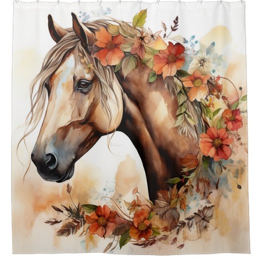 Rideaux De Douche Beau Cheval aux jolies fleurs Aquarelle (Devant)