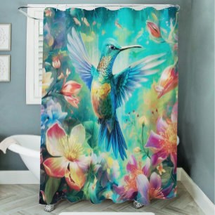 Rideaux De Douche Beau colibri entouré de fleurs