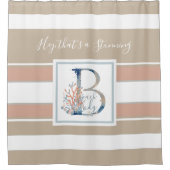 Rideaux De Douche Beau corail côtier et monogramme bleu rayé (Devant)