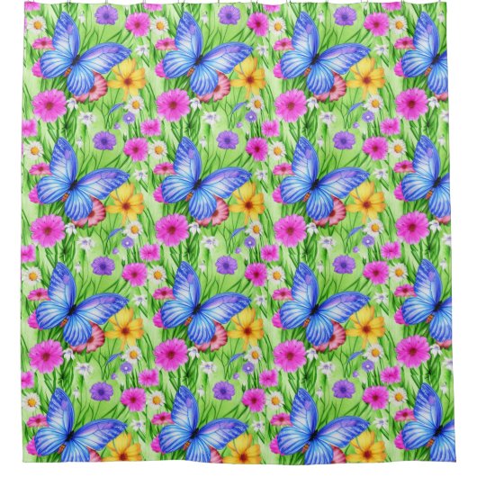 Rideaux De Douche Beau Papillon Bleu avec fleurs Aquarelle (Devant)