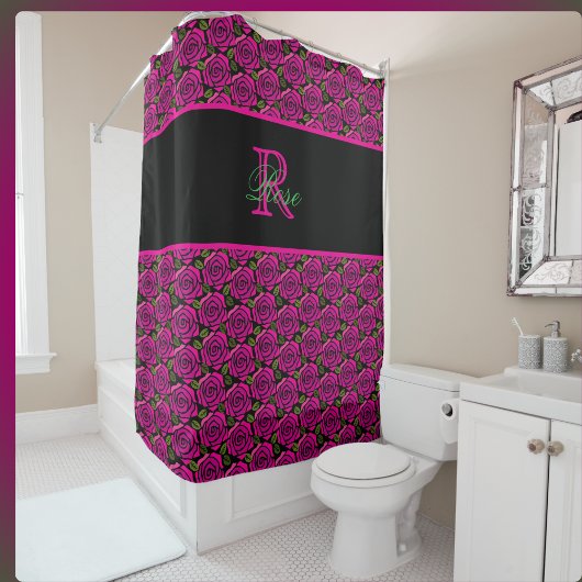 Rideaux De Douche Beautiful Girly Hot Pink Roses Name Monogram