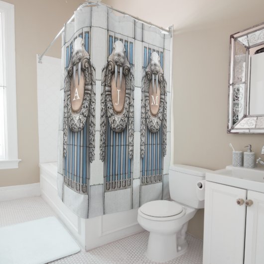 Rideaux De Douche Beaux Arts Walrus Sculpture Monogramme personnalis (En situation)