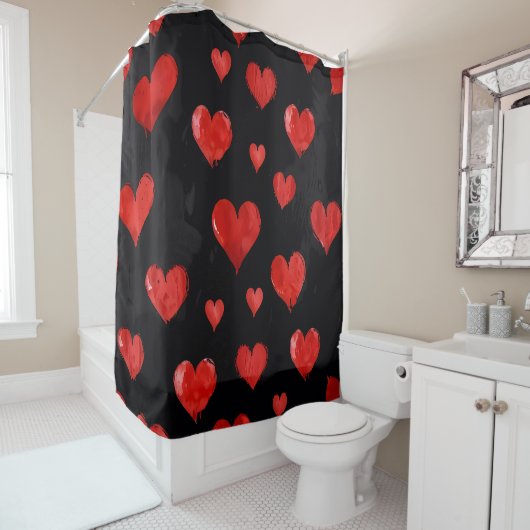 Rideaux De Douche Beaux Coeurs sur Noir (En situation)