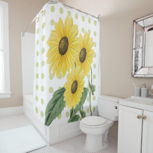 Rideaux De Douche Beaux Tournesols Taches Vert Clair sur Fond Blanc