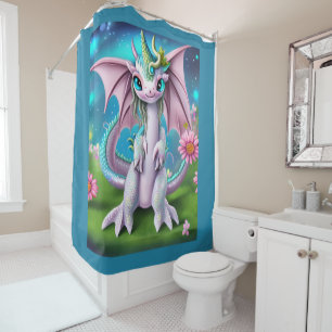 Rideaux De Douche Bébé mignon et souriant Dragon aux fleurs