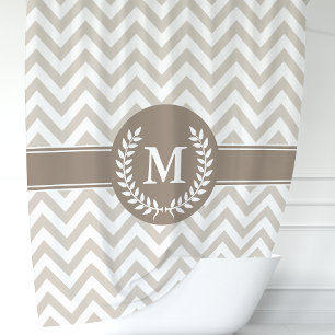 Rideaux De Douche Beige et Mocha Chevron Monogramme Initial