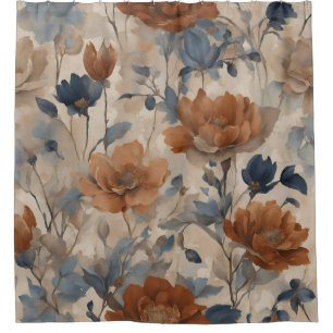 Rideaux De Douche Beige Orange Brûlé Bleu Marine Floral Poussiéreux