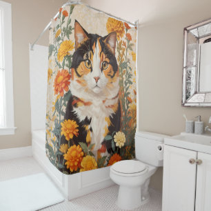 Rideaux De Douche Belle Chat Calico Avec Fleurs Marigold