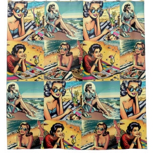 Rideaux De Douche Belle dame rétro à la plage avec Cocktail