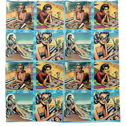 Rideaux De Douche Belle dame rétro à la plage avec Cocktail (Devant)