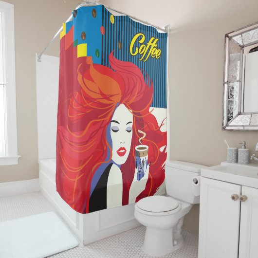 Rideaux De Douche "Belle Femme de mode avec Café Cup" Pop Art (En situation)