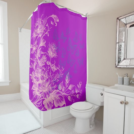 Rideaux De Douche Belle Flore violette et papillons (En situation)