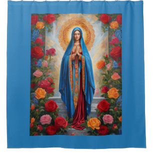 Rideaux De Douche Belle Vierge Marie En Robe Bleue avec Halo