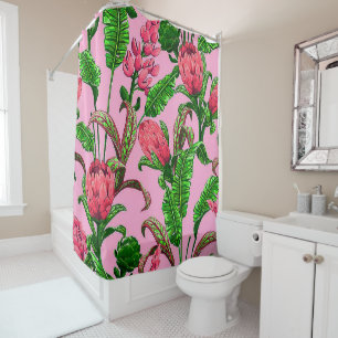 Rideaux De Douche Belles feuilles vertes tropicales avec fleurs roug