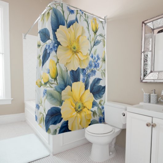 Rideaux De Douche Belles Fleurs Jaunes et Bleues (En situation)