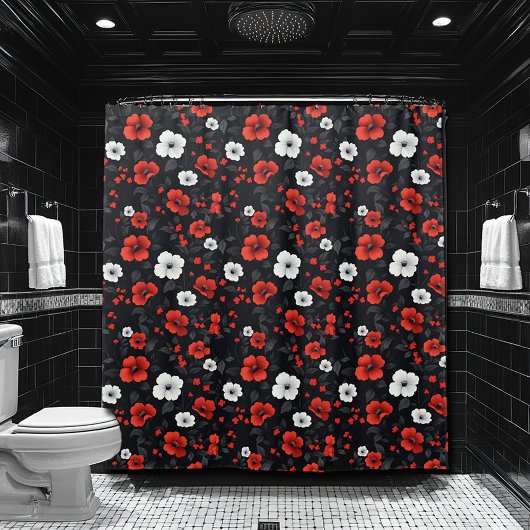 Rideaux De Douche Belles roses rouges et blanches sur fond noir