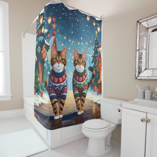 Rideaux De Douche Bengal Cats Christmas Snow Holiday (En situation)