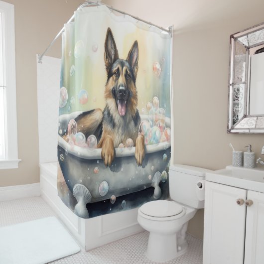 Rideaux De Douche Berger Allemand Dans Baignoire Aquarelle Chien Art (En situation)