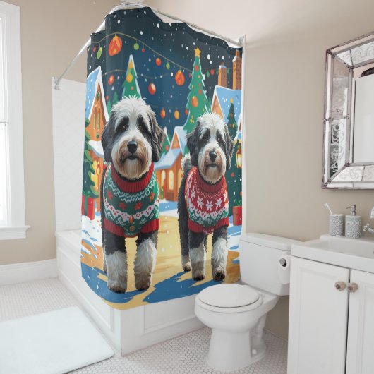 Rideaux De Douche Bernedoodle Dogs Christmas Snow Holiday (En situation)
