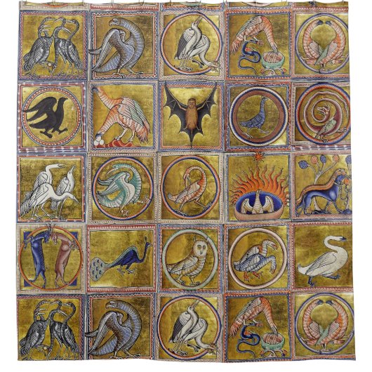 RIDEAUX DE DOUCHE BESTIAIRE MÉDIÉVAL, ANIMAUX FANTASTIQUES, ROUGE D' (Devant)