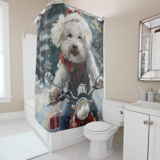 Rideaux De Douche Bichon Frise Chien équitation Moto Noël (En situation)
