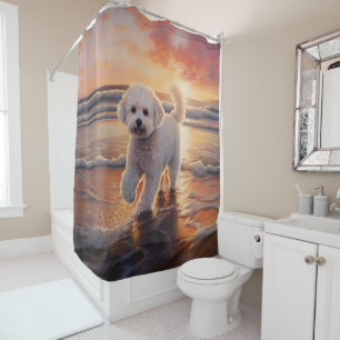 Rideaux De Douche Bichon frisé Sandy Paws sur la plage au coucher du