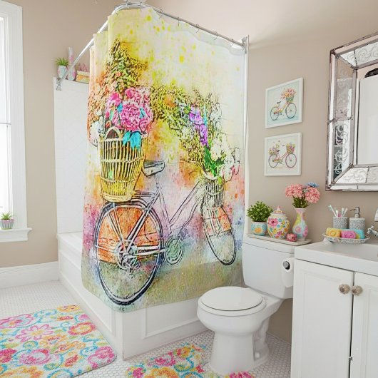 Rideaux De Douche Bicyclette et fleurs