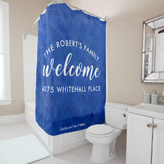 Rideaux De Douche Bienvenue famille moderne bleu marine