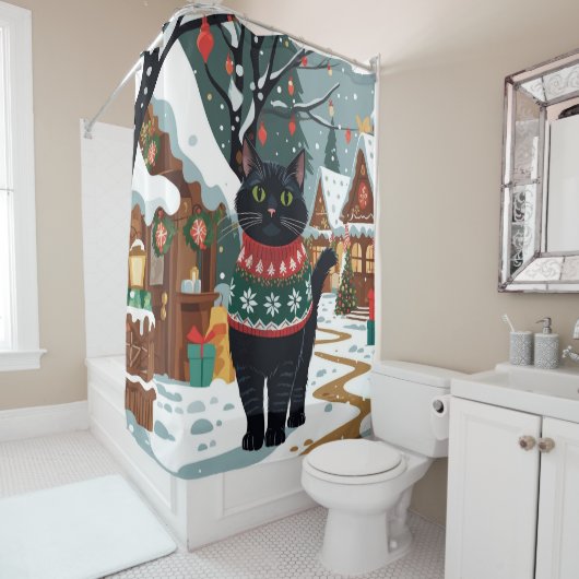 Rideaux De Douche Black Cat Christmas Snow Holiday (En situation)